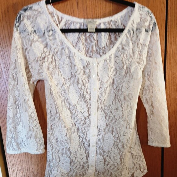 Women's Lucky Brand Lace Overlay Blouse Cream  XS. - Picture 3 of 12